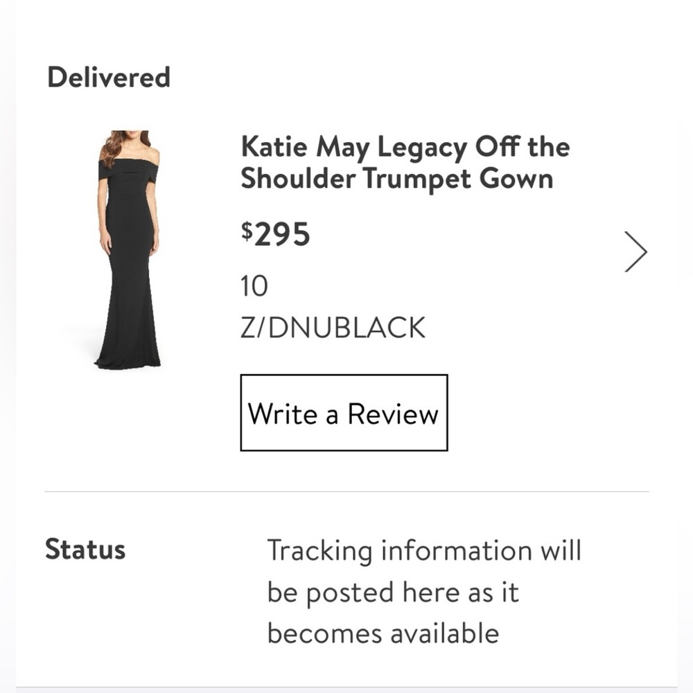 Katie May off the shoulder gown.  Size 10 petite, color black.  Like new!